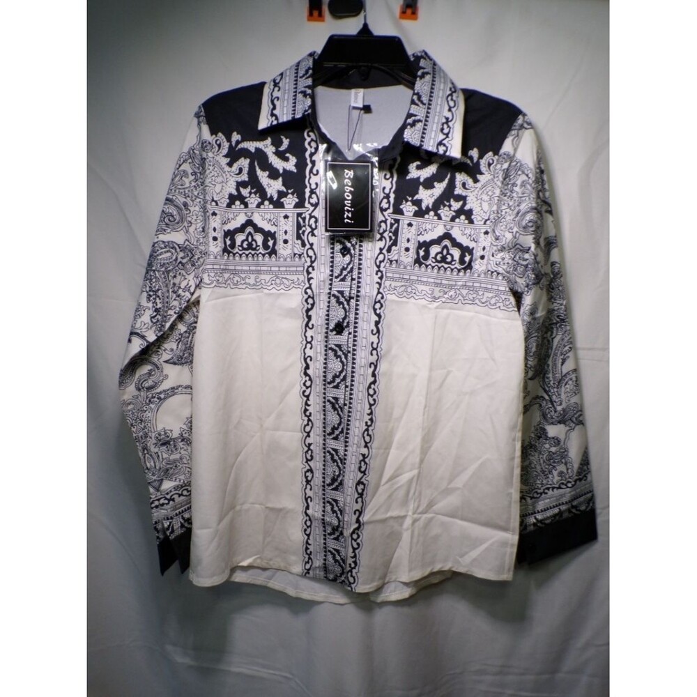 Rebouizi Women's XL Paisley Button Up Blouse Black White Gray Long Sleeve
